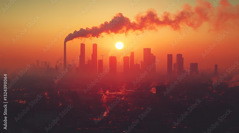 Fototapeta premium Cooling towers emit smoke and smog, covering an industrial landscape during hazy sunset, highlighting environmental pollution and climate concerns.
