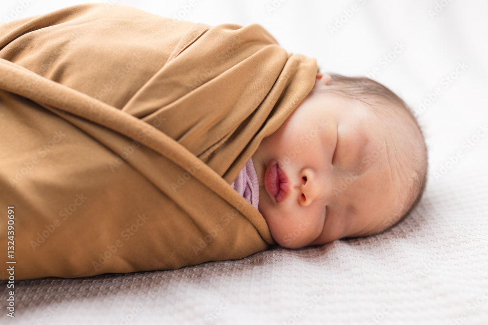 Peaceful newborn baby napping in soft blanket