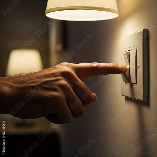 Close-up of a man's hand switching off a light switch in a dimly lit room at night the soft warm glow of a bedside lamp casting shadows