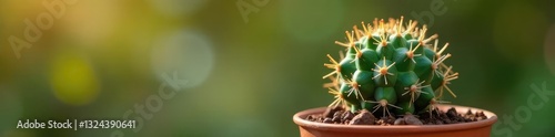 Small striped succulent on a brown pot with spiky cactus in background, nature, offshoot