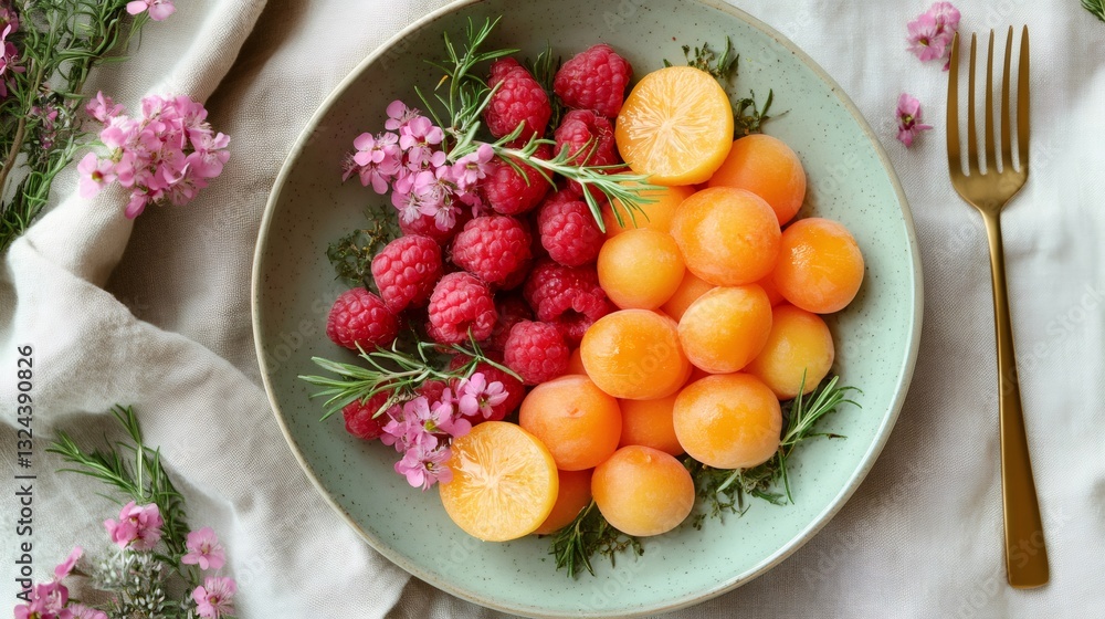 Fresh raspberries and apricots garnished with rosemary and pink flowers in a bowl Fresh raspberries and apricots garnished with rosemary and pink flowers in a bowl