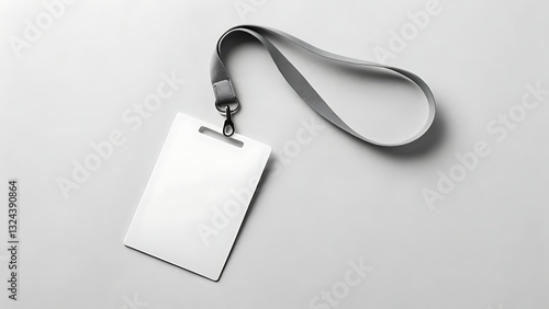 Id badge with blank white card and lanyard on neutral grey background, perfect for office staff identification, corporate branding, event name tags, security access cards, professional credentials