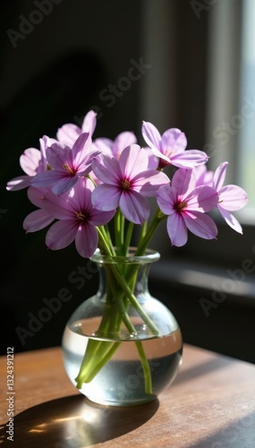Wallpaper Mural Softly lit Petrea volubilis blooms in a shallow vase on a wooden table, botanical, table Torontodigital.ca