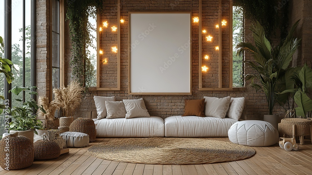 Fototapeta premium Cozy children's room featuring a blank canvas mockup on a star-lit wall, surrounded by toys and decor on a wooden floor.