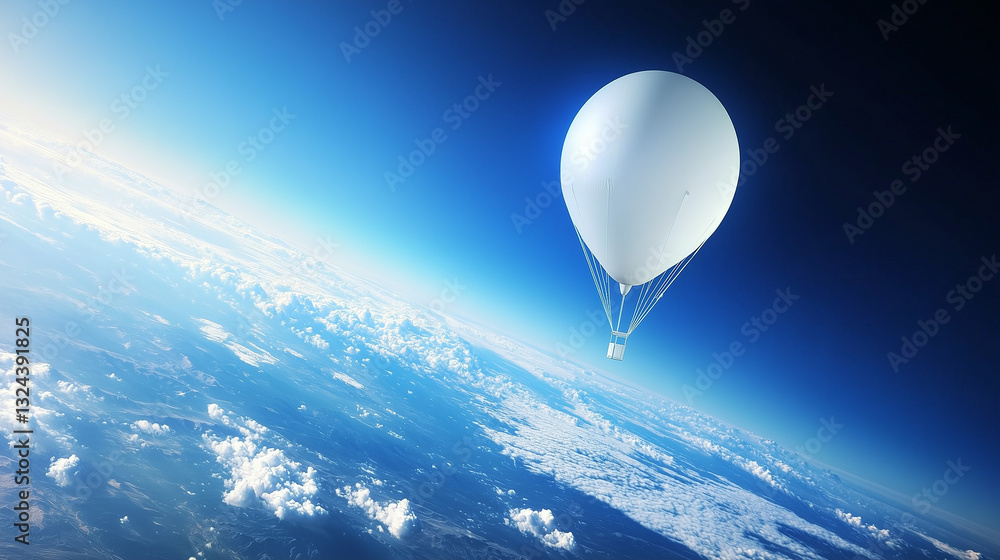 Obraz premium High-altitude weather balloon floating over the surface of a planet, showcasing futuristic probe technology for planetary exploration.