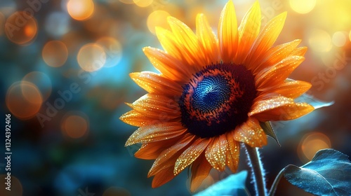 Sunflower blooming in golden hour light with dew drops
