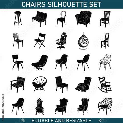 Editable Resizable Chair Silhouettes Set of Diverse Furniture Designs