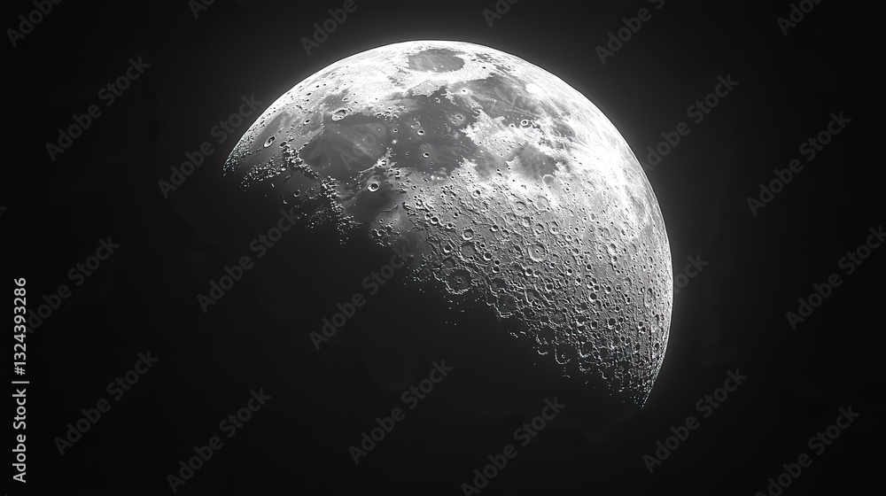 Craters and surface details are visible on a partially lit moon against the black expanse of space, contrasting light and shadow. Craters and surface details are visible on a partially lit moon against the black expanse of space, contrasting light and shadow.