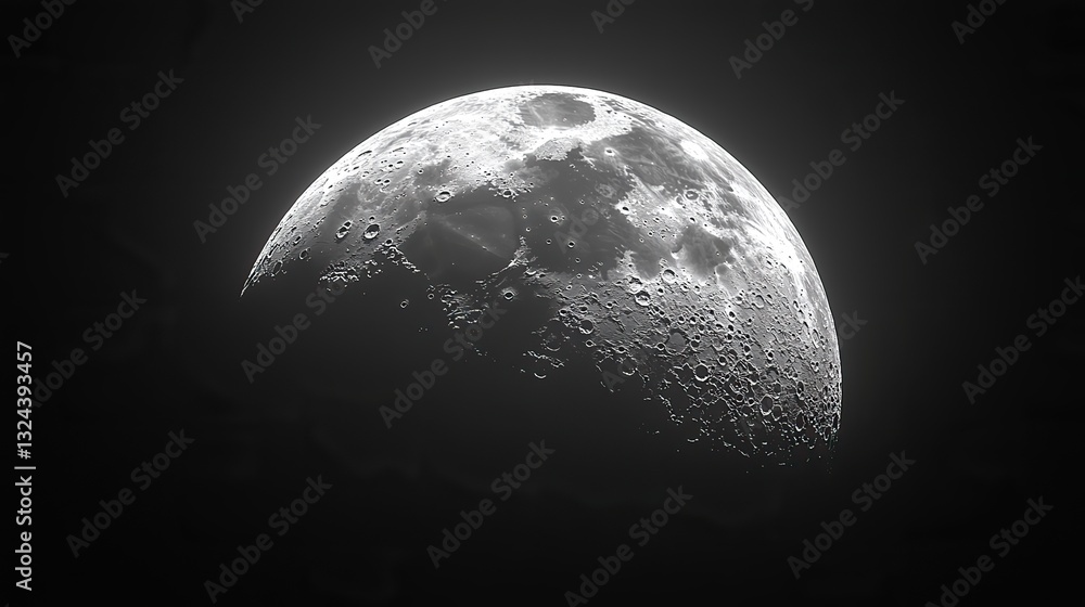 Craters and surface details are visible on a partially lit moon against the black expanse of space, contrasting light and shadow. Craters and surface details are visible on a partially lit moon against the black expanse of space, contrasting light and shadow.