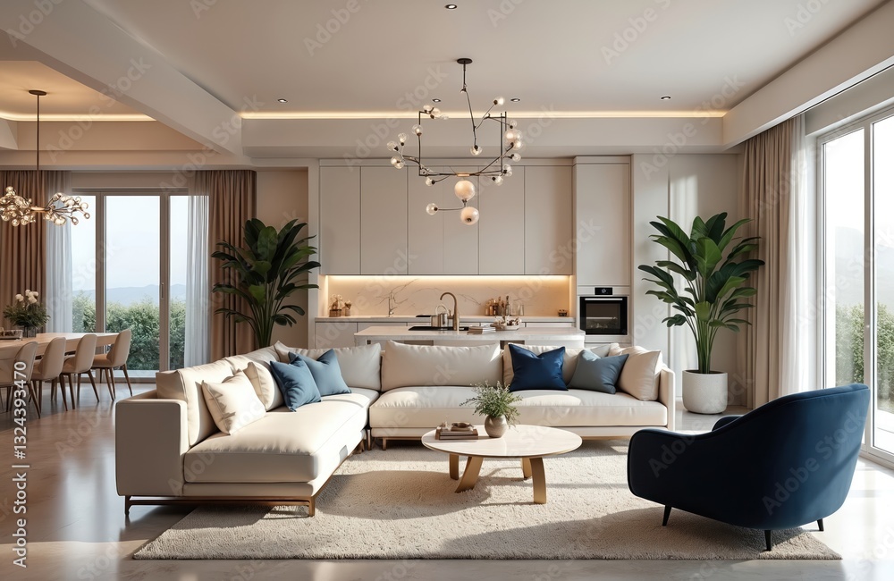 Fototapeta premium Luxurious home interior. Open plan living room, modern white kitchen. Stylish furniture arrangement, comfortable sofa. Bright apartment with trendy design, big windows. Villa with dining table,