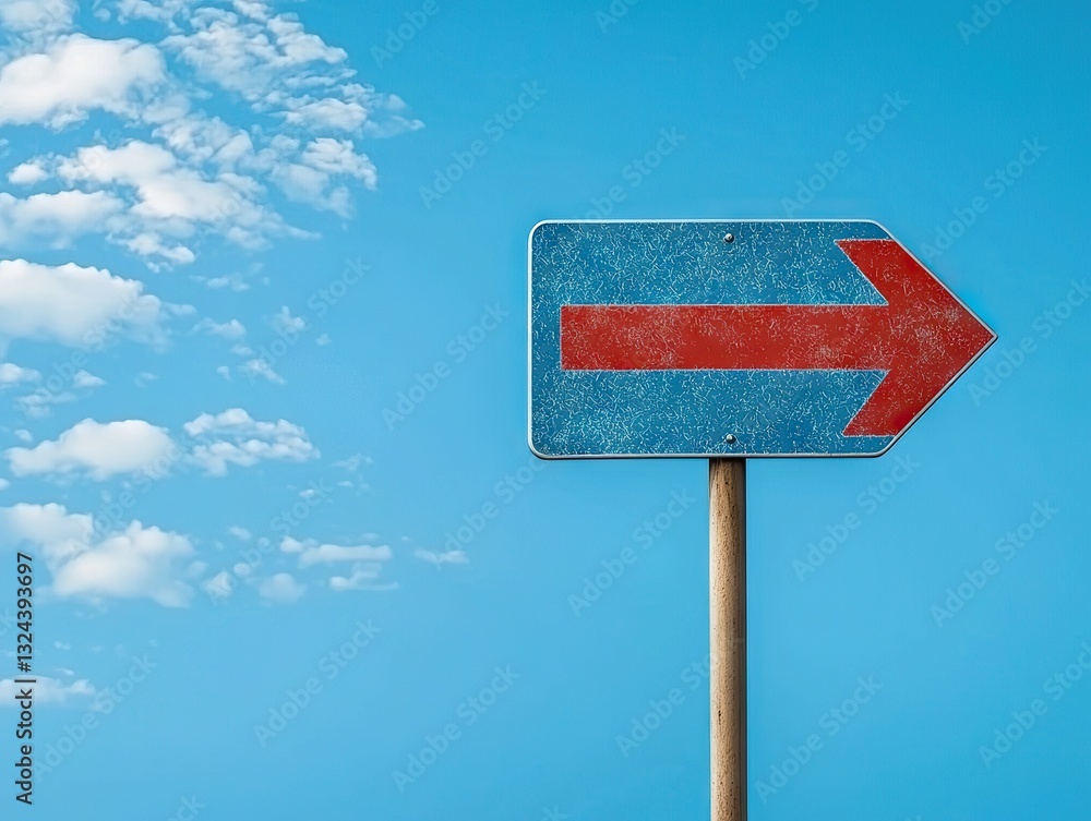 Directional guidance sign with arrow against clear blue sky outdoor environment landscape viewpoint conceptual focus Directional guidance sign with arrow against clear blue sky outdoor environment landscape viewpoint conceptual focus
