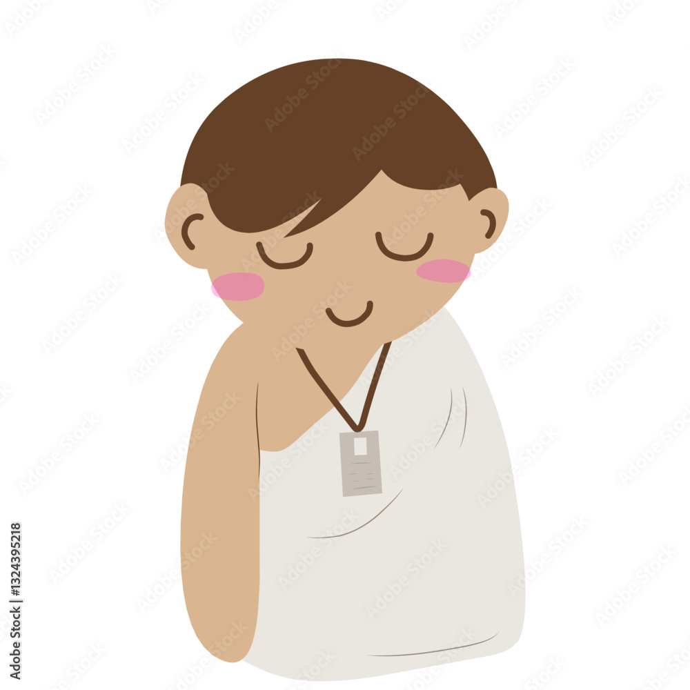 Vector illustration of a bald hajj pilgrim wearing ihram clothes with a tag Vector illustration of a bald hajj pilgrim wearing ihram clothes with a tag