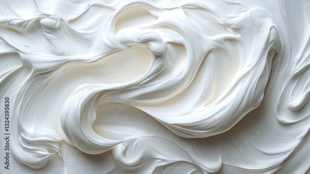 Obraz premium Creamy white cosmetic product texture forms elegant swirls and strokes, creating a luxurious backdrop ideal for beauty and skincare marketing.