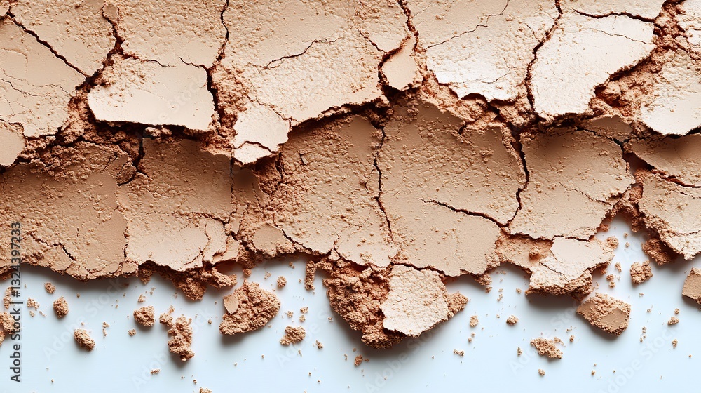 Obraz premium Crumbled beige compact foundation powder creates a textured pattern on white, showcasing cosmetic texture for beauty and makeup concepts.