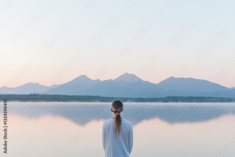 young woman stands at edge of serene lake during sunrise gazing thoughtfully at vast horizon symbolizing dreams and