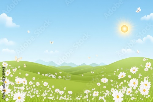 Green rolling hills covered in blooming daisies, with white butterflies fluttering under a bright sun, creating a peaceful and cheerful nature scene.