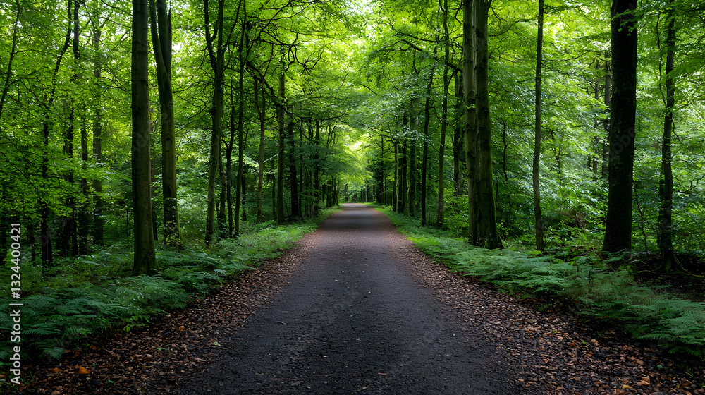 Obraz premium Lush Green Forest Path with Brown Leaf Covered Ground and Tall Trees in Sunlight