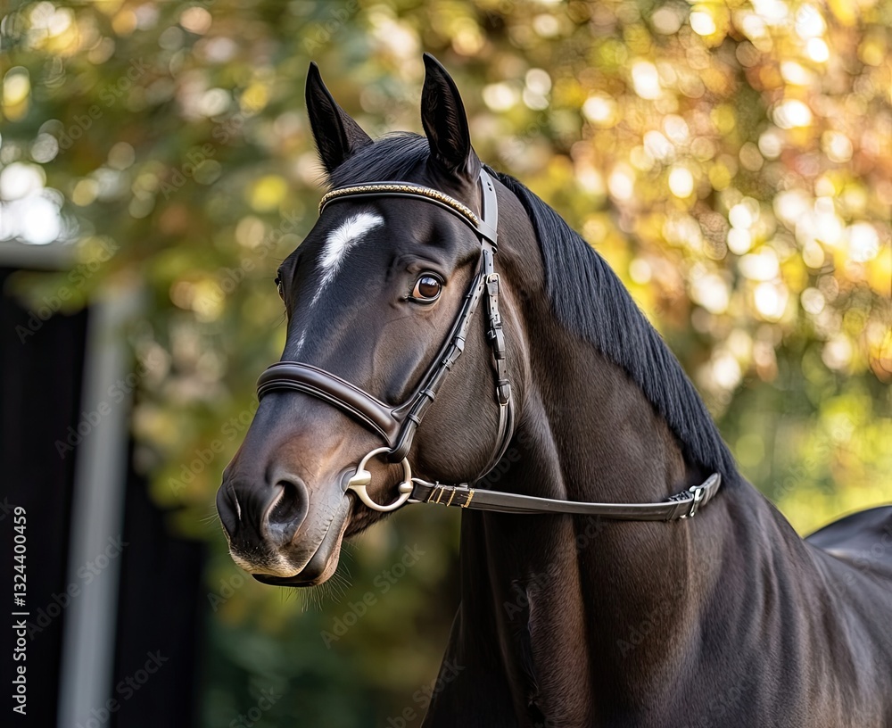 Black horse portrait with a white stripe across its head on a black background Black horse portrait with a white stripe across its head on a black background