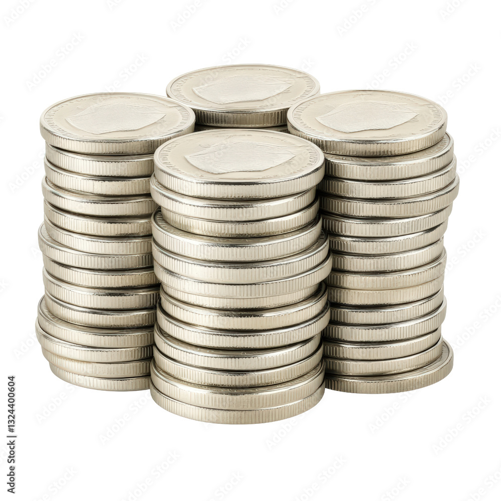 Stacked coins representing wealth and financial prosperity in a symbolic display of currency and economic growth isolated on a white background. Stacked coins representing wealth and financial prosperity in a symbolic display of currency and economic growth isolated on a white background.