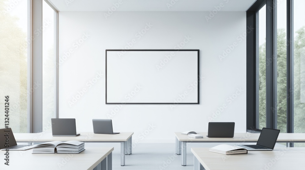 Fototapeta premium advanced educational technology setup in modern classroom featuring interactive digital whiteboards sleek laptops and