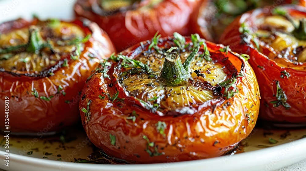 Fototapeta premium Stuffed tomatoes, plate, close-up. Topped with herbs, glossy skin