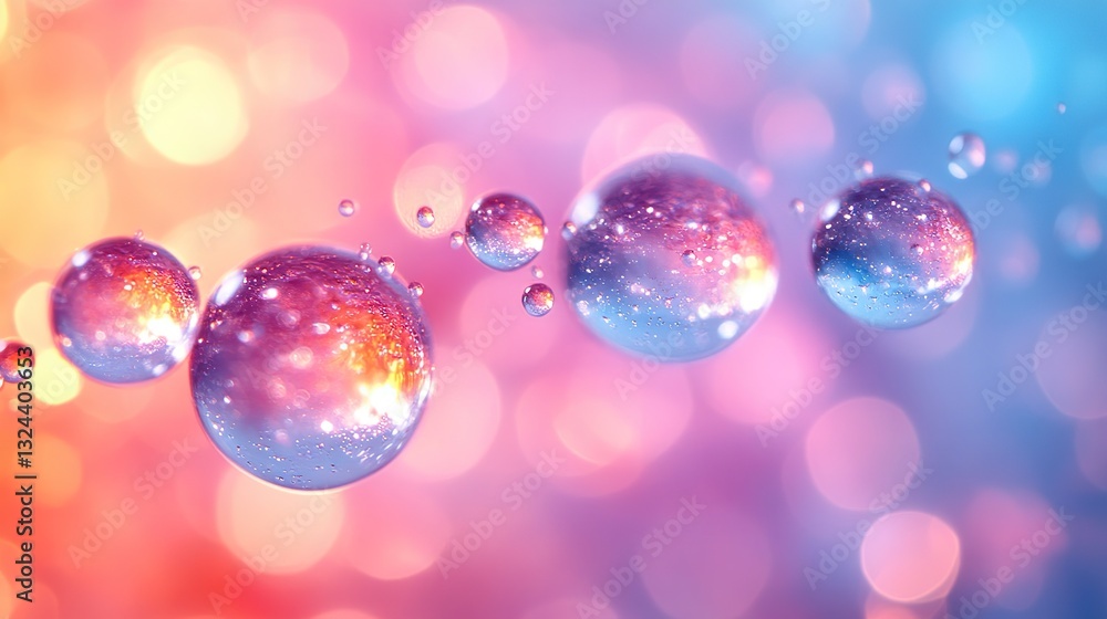Crystal clear water droplets fall against a colorful background, a mesmerizing visual with reflections and tranquility. Crystal clear water droplets fall against a colorful background, a mesmerizing visual with reflections and tranquility.