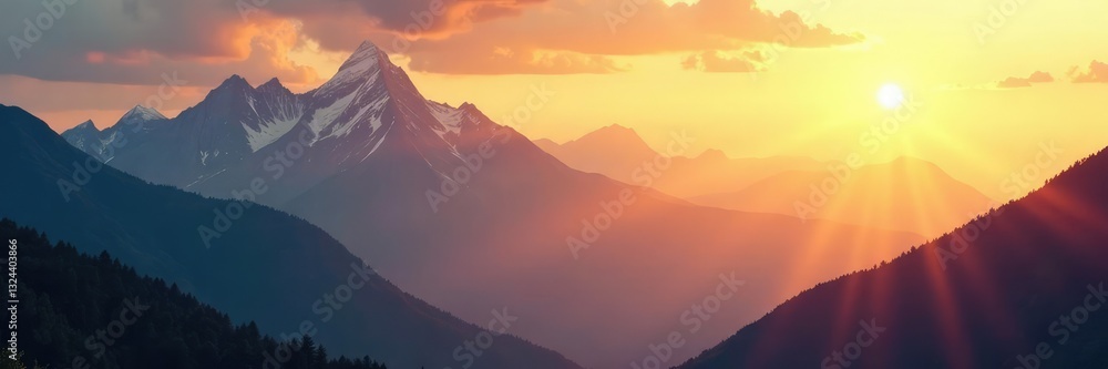 Fototapeta premium Majestic Smoky Mountain peaks bathed in warm golden light, sky, sun
