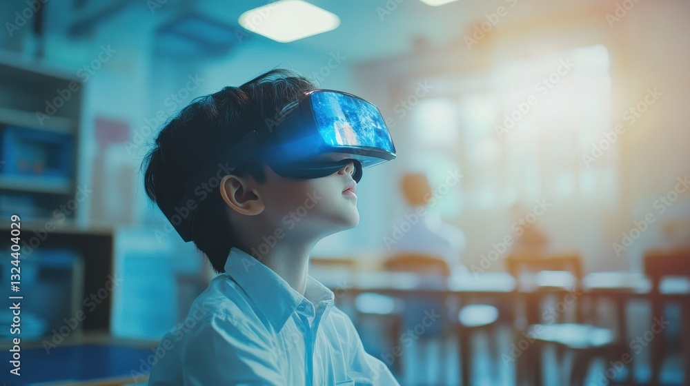 School student with VR headset using AI artificial intelligence technology & machine learning.Interactive technology in classroom. Innovation & smart tech. AI blue hologram in education School student with VR headset using AI artificial intelligence technology & machine learning.Interactive technology in classroom. Innovation & smart tech. AI blue hologram in education