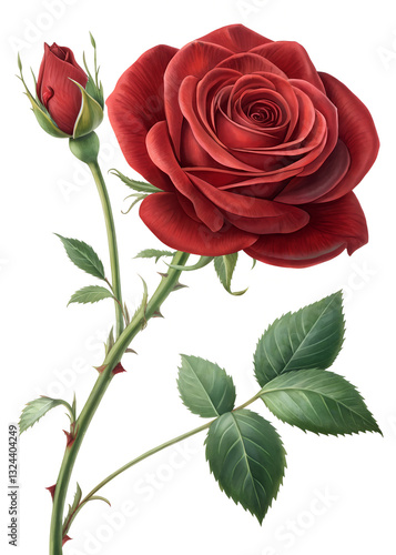 Realistic Red Rose with Bud and Thorns – Botanical Illustration of Love and Beauty