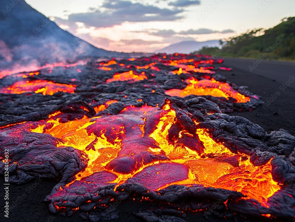 Fototapeta premium Volcanic eruption lava flow hawaii nature photography fiery landscape close-up natural phenomenon