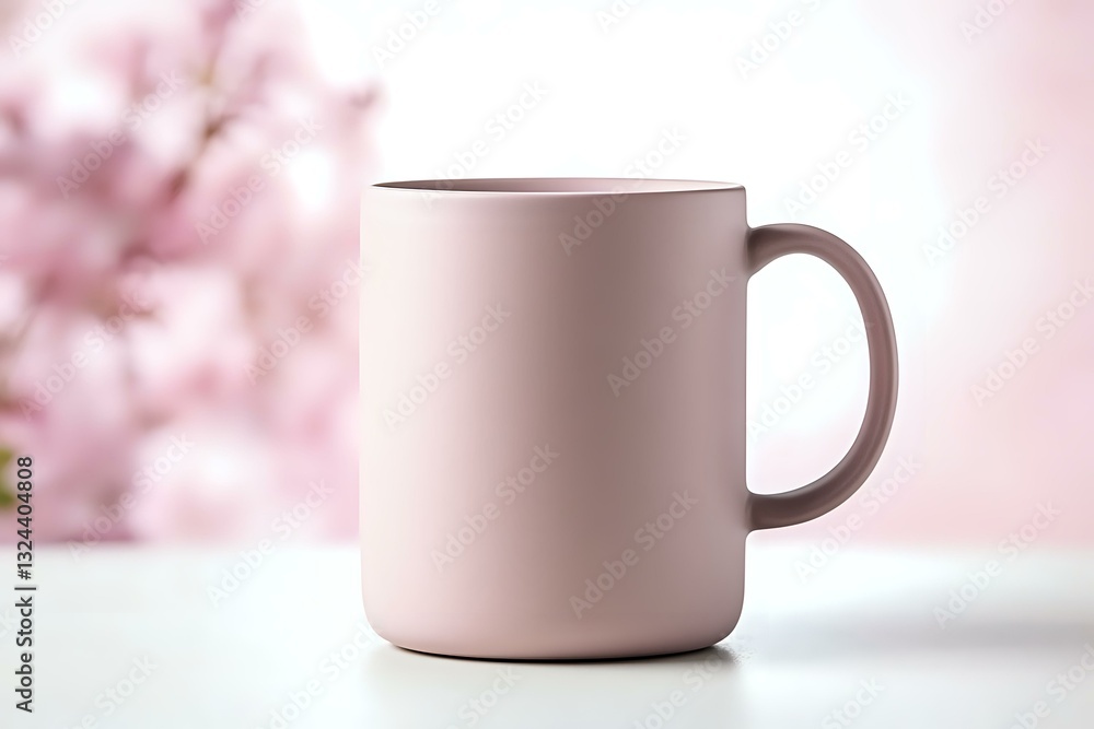 Obraz premium Minimalist pink ceramic mug on white surface against soft blurred floral background. Modern lifestyle product photography for branding and social media.