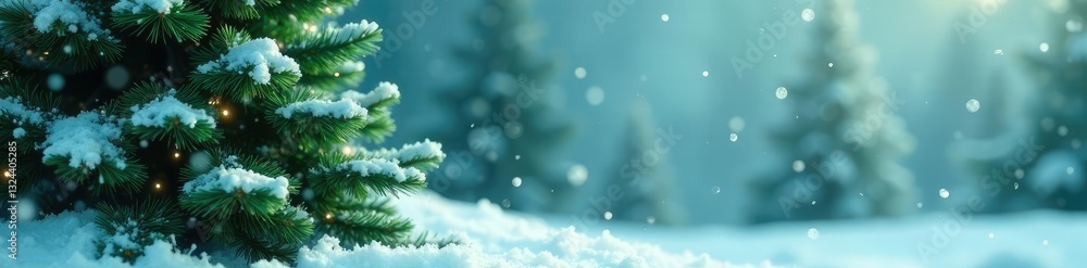 Majestic green fluffy Christmas tree against a snowy backdrop, snow, frost Majestic green fluffy Christmas tree against a snowy backdrop, snow, frost