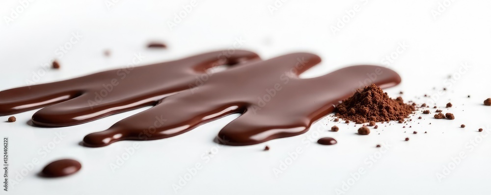 Fototapeta premium Rich dark chocolate drips on pristine white surface, cocoa, chocolatesplash