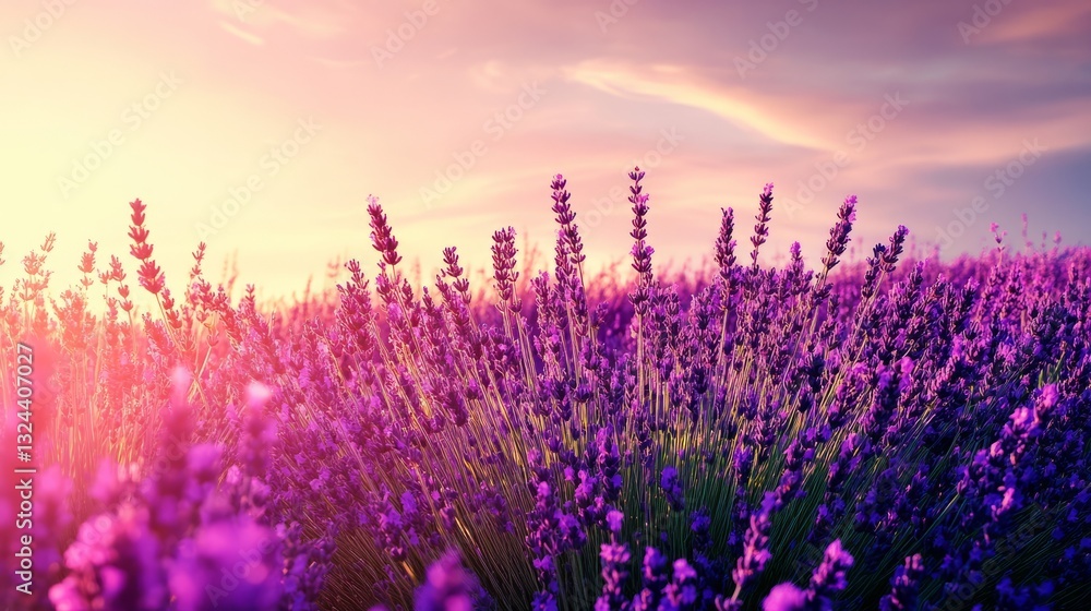 Lavender flowers growing in a field during a beautiful sunset, creating a warm golden light Lavender flowers growing in a field during a beautiful sunset, creating a warm golden light