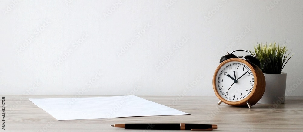 Stylish desk setup featuring an alarm clock and pen. Stylish desk setup featuring an alarm clock and pen.