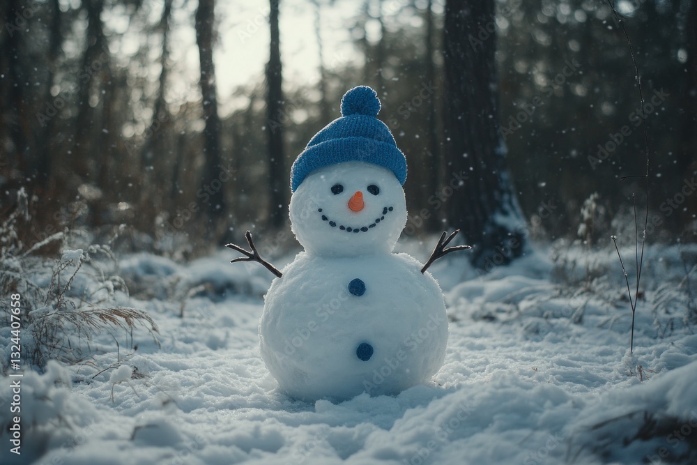 Snowy forest snowman, winter wonderland scene, snow covered, snowfall Snowy forest snowman, winter wonderland scene, snow covered, snowfall