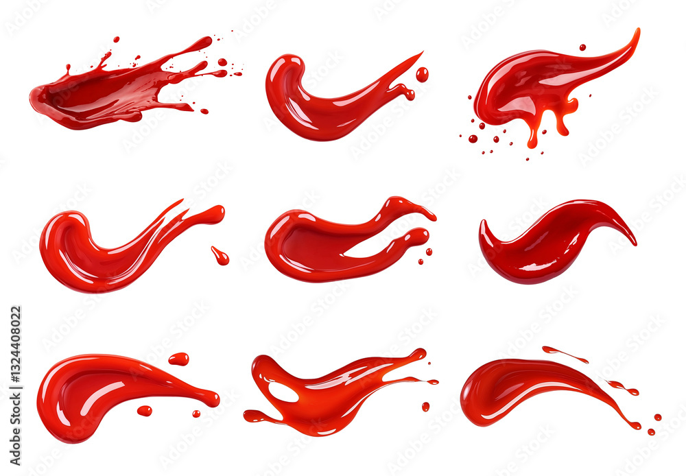 Red tomato ketchup splatters on transparent background, cutout, PNG format. Red tomato ketchup splatters on transparent background, cutout, PNG format.
