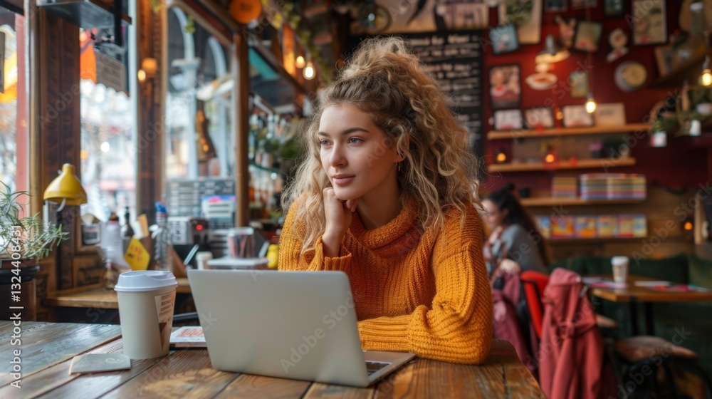 Freelancer working remotely in a cozy cafe with a laptop and coffee during the day Freelancer working remotely in a cozy cafe with a laptop and coffee during the day