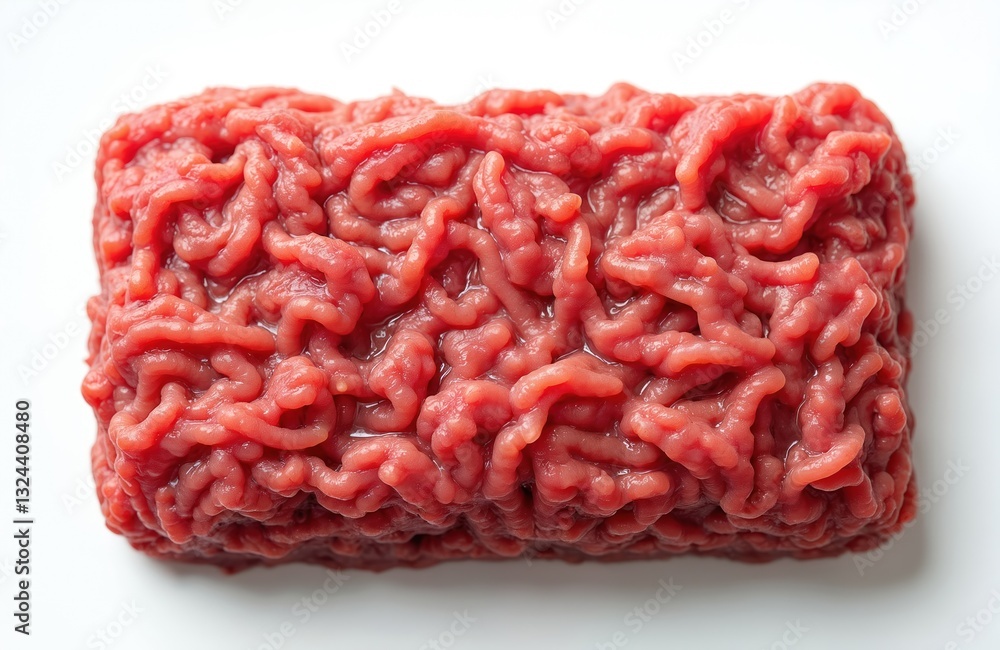 Close-up symmetrical raw ground beef meat on white background. Fresh red minced beef, pork uncooked. Protein ingredient, hash, diet food, chopped meat for burger or meat dish. Close-up symmetrical raw ground beef meat on white background. Fresh red minced beef, pork uncooked. Protein ingredient, hash, diet food, chopped meat for burger or meat dish.