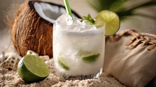 Refreshing coconut cocktail on sand with lime,  tropical background