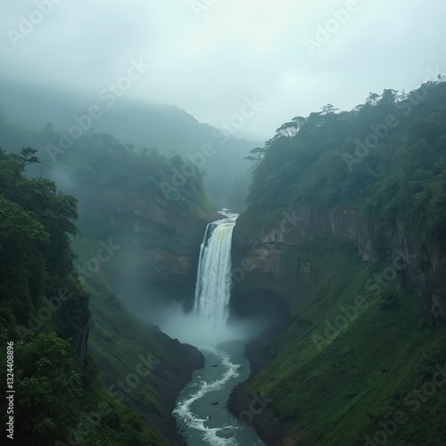 Scenic Kote Abbe Falls in Coorg Karnataka India. River flows through rich green valley. Misty atmosphere enhances natural beauty of landscapes, promoting tourism, travel. Nature park with majestic