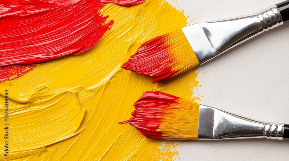 Fototapeta premium Closeup of a paintbrush on white surface, ready for artistic expression and painting.