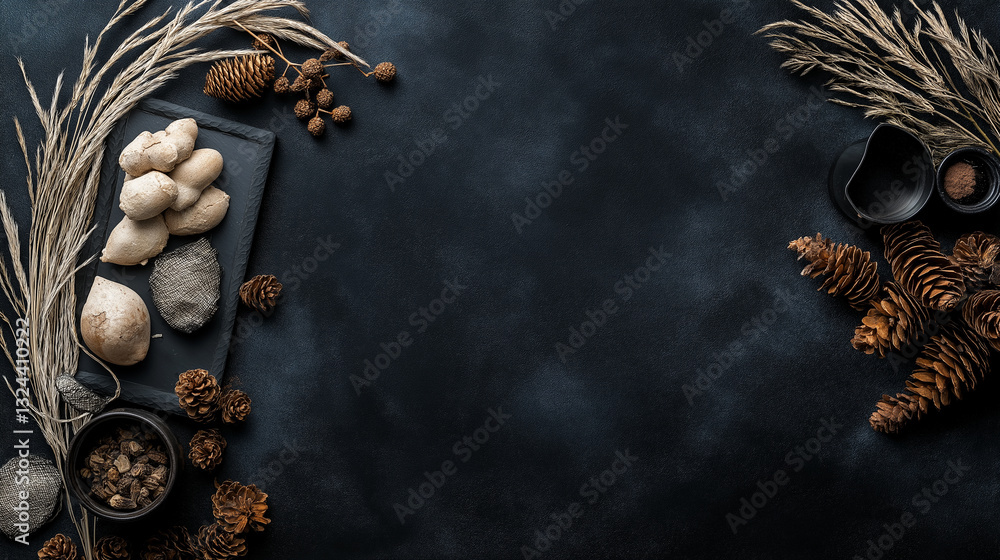 Naklejka premium A black background with a variety of food items including nuts, potatoes