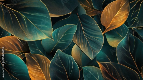 Wallpaper Mural Golden leaves line art background vector. luxury gold abstract wallpaper with blue and tidewater green color. Design for prints, Home decoration, fabric and cover design. vector illustration. Torontodigital.ca