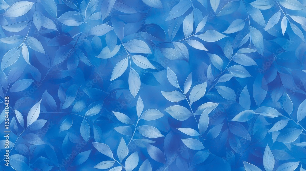 Fototapeta premium Serene blue background with lush green leaves, a tranquil natural image