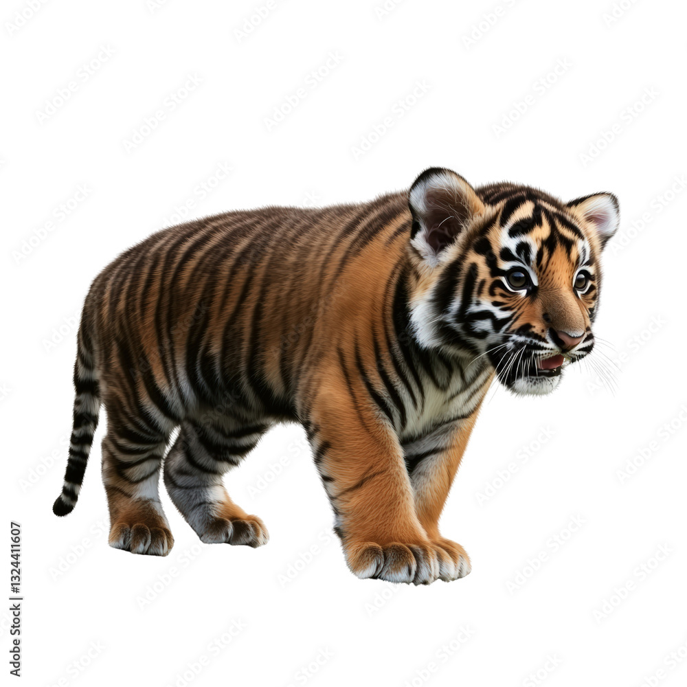 Fototapeta premium Majestic tiger walking gracefully against a solid black background highlighting its striking stripes and powerful presence isolated on a white background.