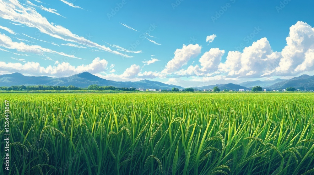 Naklejka premium A vast green rice field during the growing season, with tall, vibrant green stalks swaying in the breeze under a bright blue sky.