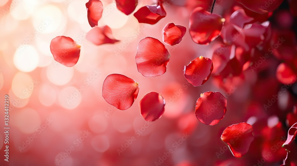 Delicate red rose petals float gracefully against a soft pink backdrop, creating a romantic atmosphere perfect for Valentine's Day or other special occasions. Delicate red rose petals float gracefully against a soft pink backdrop, creating a romantic atmosphere perfect for Valentine's Day or other special occasions.