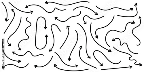 Hand drawn arrow set. Lines, hand drawn black arrows in various styles.Simple hand drawn black arrows pack. Simple lines hand drawn black arrows. Various simple lines arrows collection. Hand-drawn bla