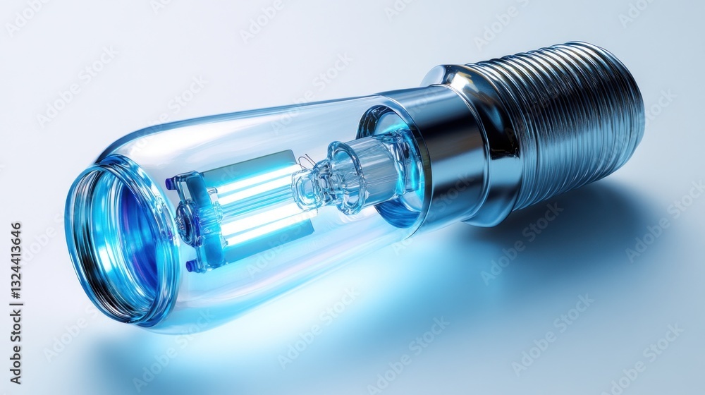 Close-up of a futuristic, glowing, transparent, UV light bulb with internal components. Close-up of a futuristic, glowing, transparent, UV light bulb with internal components.